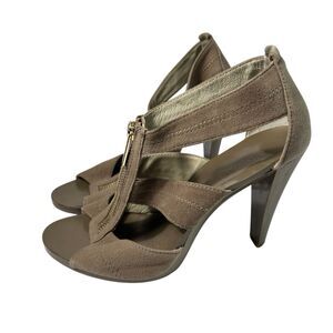 Michael Kors Berkley Tan Suede Leather T Strap Sandal Heels Sz 7 Zip Front READ